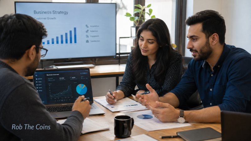 Small business team reviewing digital strategy, financial data, and technology plans in a modern office.