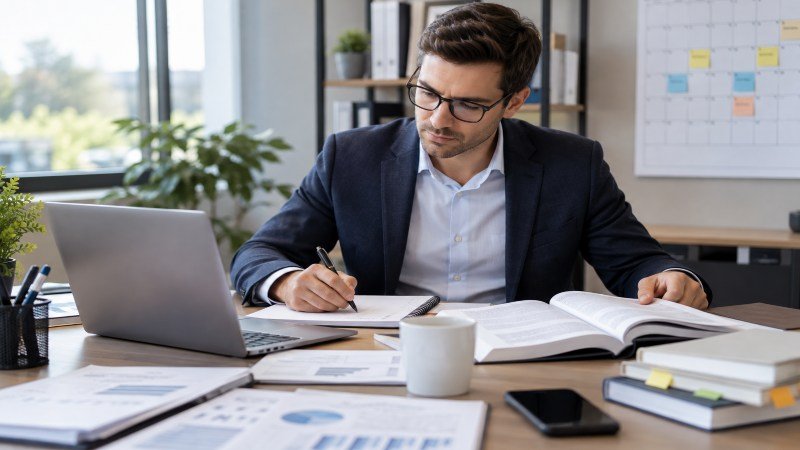 Financial adviser planning work commitments and advanced study at an office desk