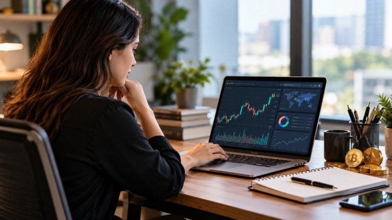 Cryptocurrency writer researching blockchain and digital finance on a laptop