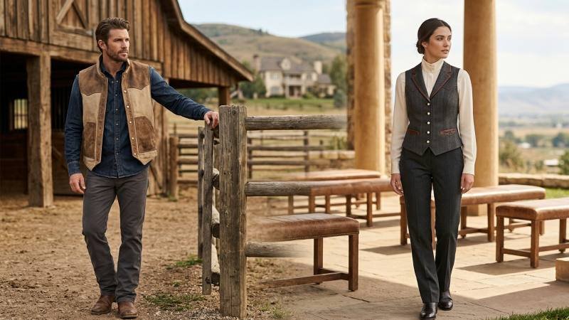 Western vests ranging from rugged leather workwear to tailored western dress styles
