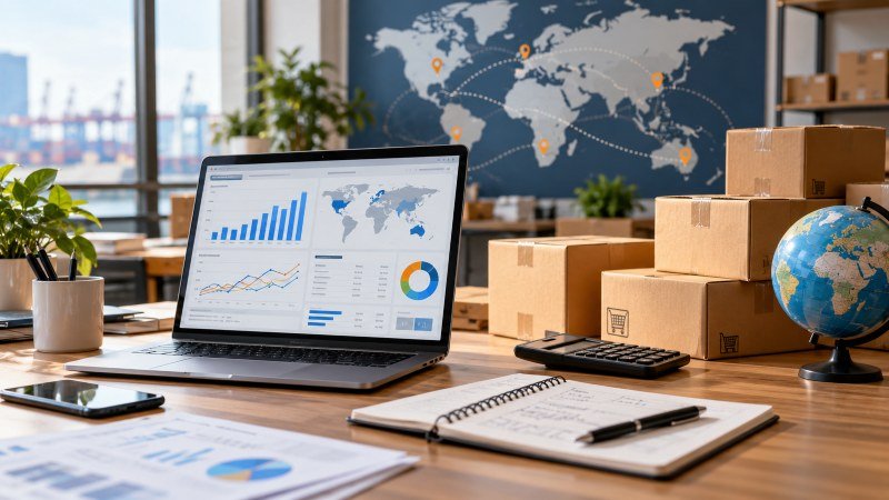 Amazon marketplace expansion planning workspace with inventory reports, sales analytics, and international shipping boxes.