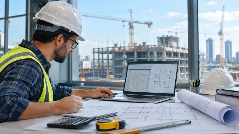 Construction cost estimator reviewing blueprints and project estimates on a laptop in a professional office.