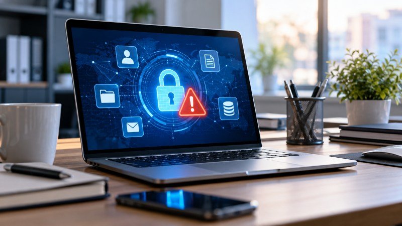 Laptop displaying a cybersecurity warning about a personal data breach and digital information security.